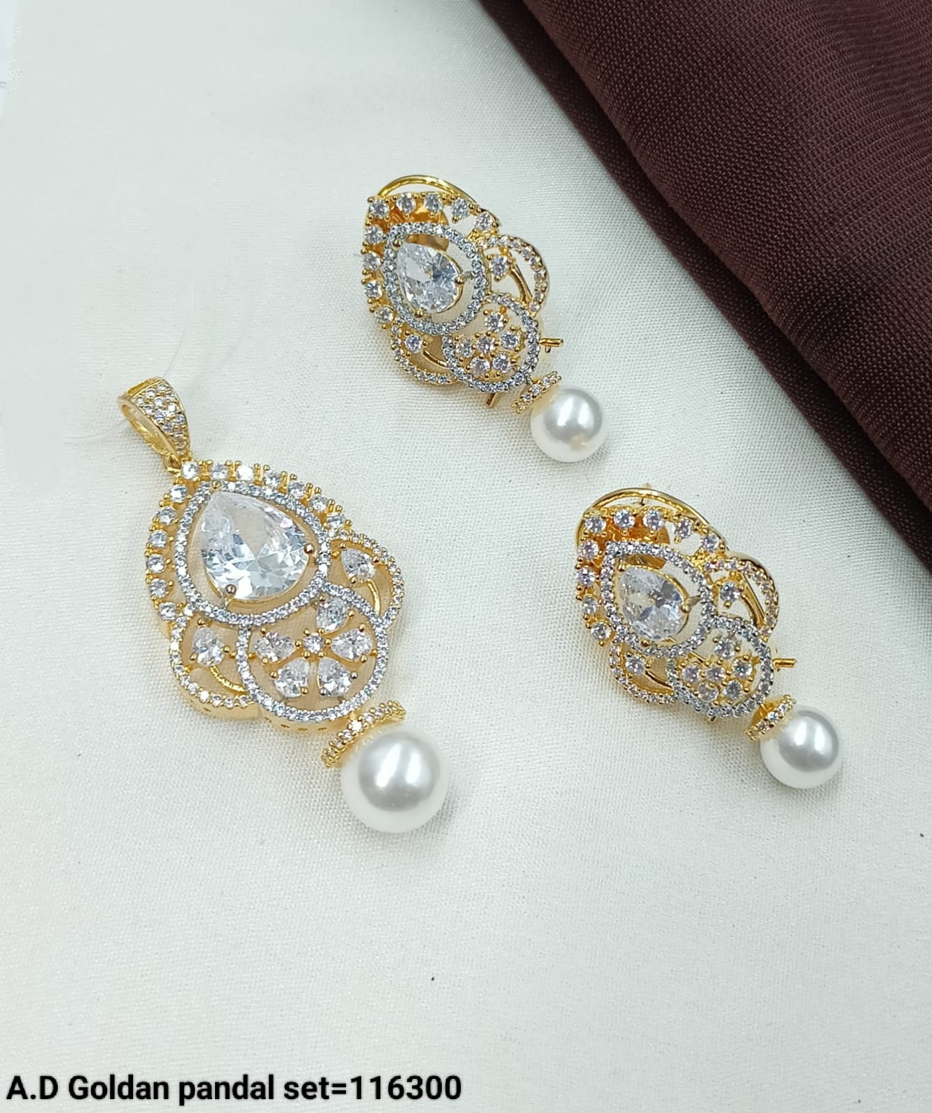 A.D Golden Royal Pandal Set – Teardrop Pendant & Earrings with Pearl Drop